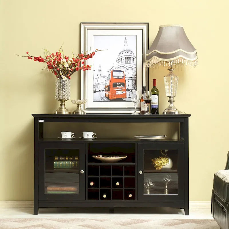 Black Wooden Sideboard Buffet Cabinet with Wine Rack and Glass Doors