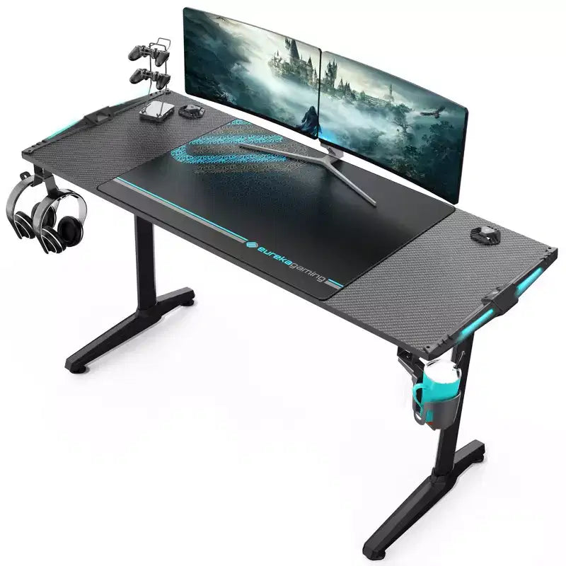 58 Gaming Desk with RGB Lighting & Built-in Accessories - Black