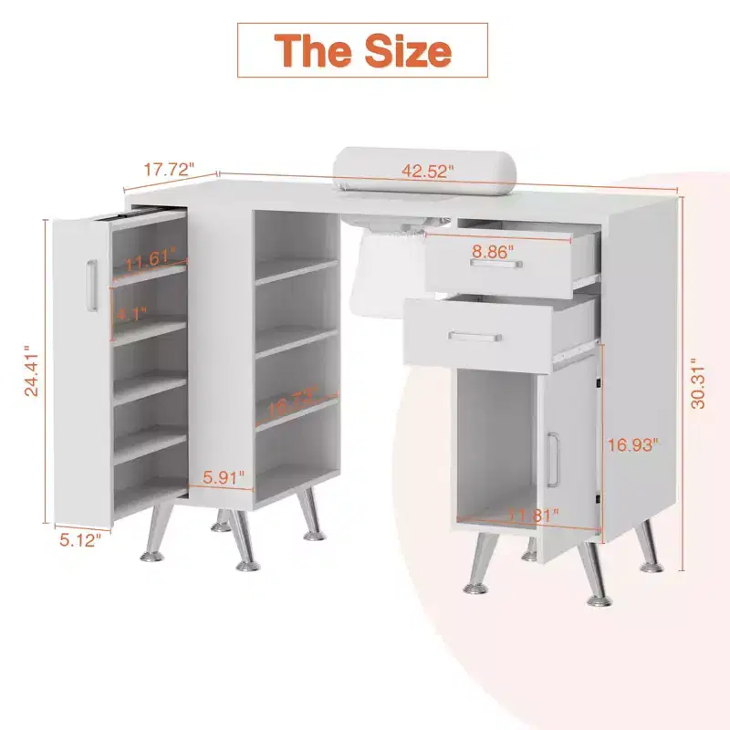 Table de manucure GustoWave 42,5 po avec repose-poignets et collecteur de poussière, bureau avec casier vertical coulissant, blanc