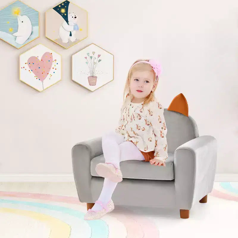 Kids Sofa Children Armrest Chair with Sturdy Wood Construction and Dutch Velvet Pink Rabbit