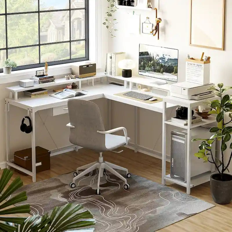 L-Shaped Desk with LED Lights & Power Outlet