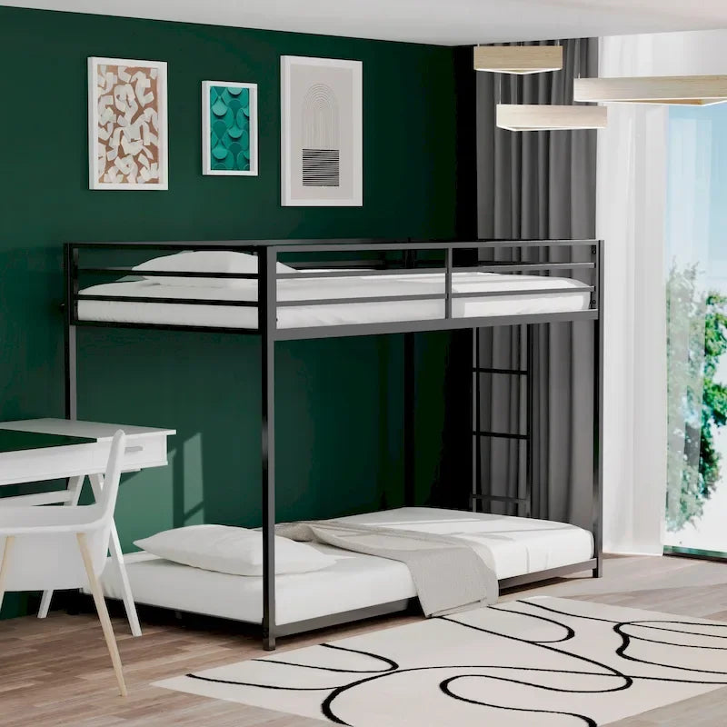 Heavy Duty Square Tube Metal Bunk Bed with Safety Guardrails Black White
