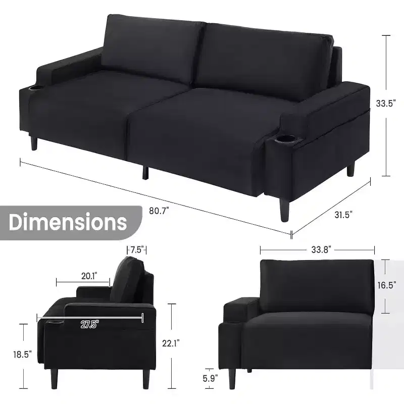 Contemporary 3-Seater Reclining Sofa for Living Room - Soft Cushioned Fabric Couch with Armrests, Storage Bag, Cup Holders - Easy to Assemble