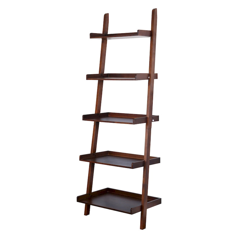 5-Tier Leaning Ladder Shelf Bookcase with Solid Wood Legs