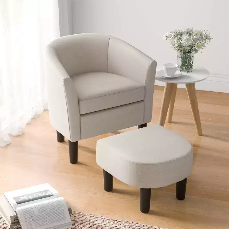 Costway Barrel Club Chair with Ottoman Set Footrest Curved Back & Removable Seat Cushion Grey/Beige