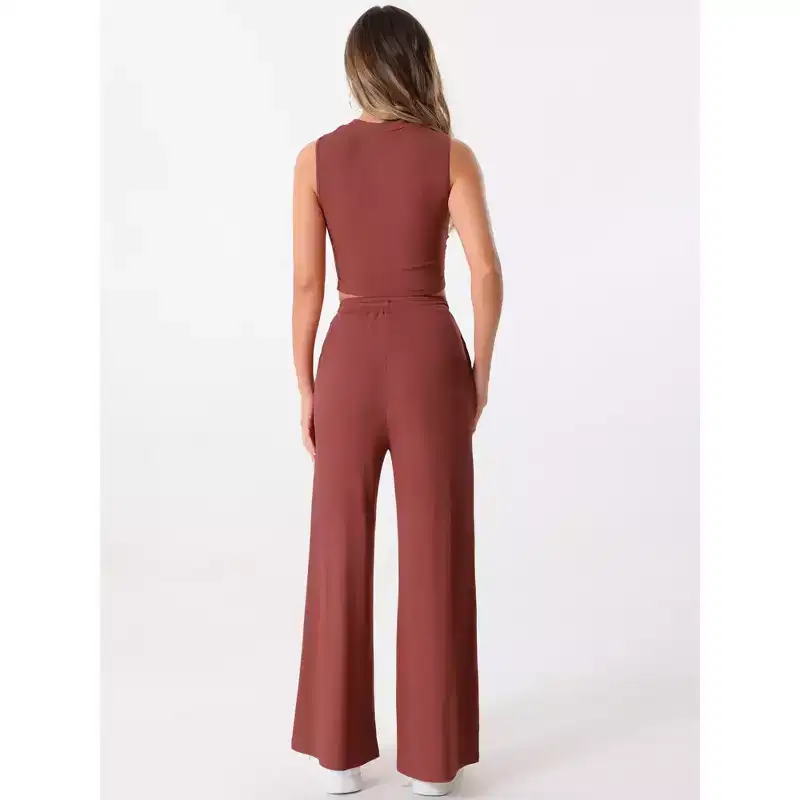 Allegra K Women's 2 Piece Crew Neck Sleeveless Crop Tank and Wide Leg Pants Summer Lounge Set