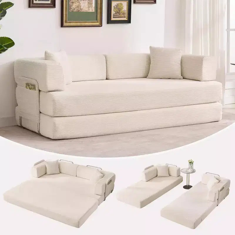 Convertible Sleeper Sofa Bed, 78.8 Floor Sofa Bed, 5-in-1 Folding Mattress Couch Loveseat with Fixed-Shape Frame, Pillow, Corduroy Fabric