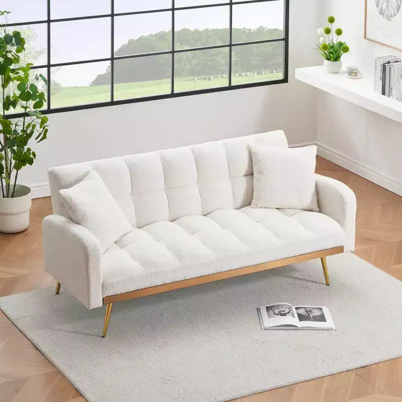 GDFStudio Smin Modern 69 Wooden Teddy Upholstered Sofa Bed with Adjustable Backrest
