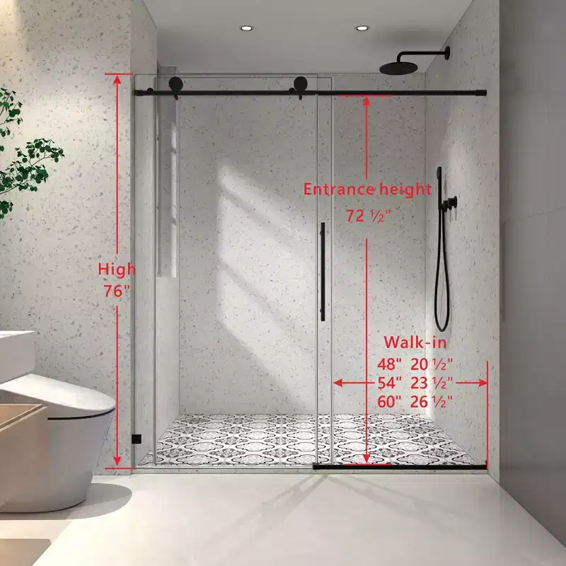 PexFix 76 in.x 48 in. Frameless Single Sliding Shower Door 8mm Tempered Glass With Adjustable Soft Closing Design for Spa Bathroom Matte Black