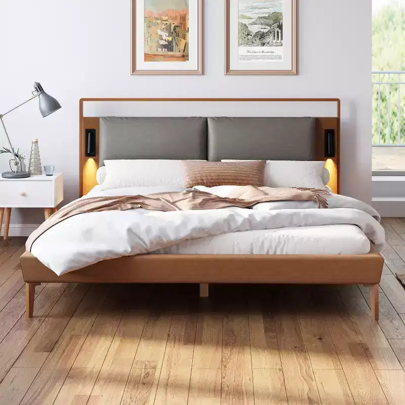 Christopher Knight Home Carina Contemporary Faux Leather Platform Bed with 2 Night Lights, Brown/Gray