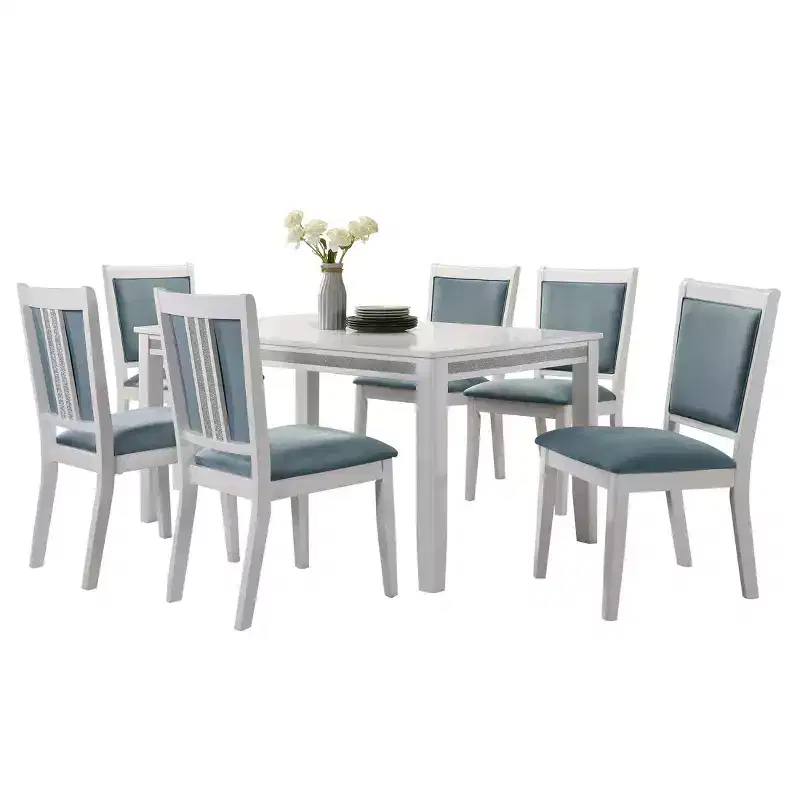 ChaletPosh 7 Pieces Dining Set in White with Light Blue Velvet Cover Dining Chair