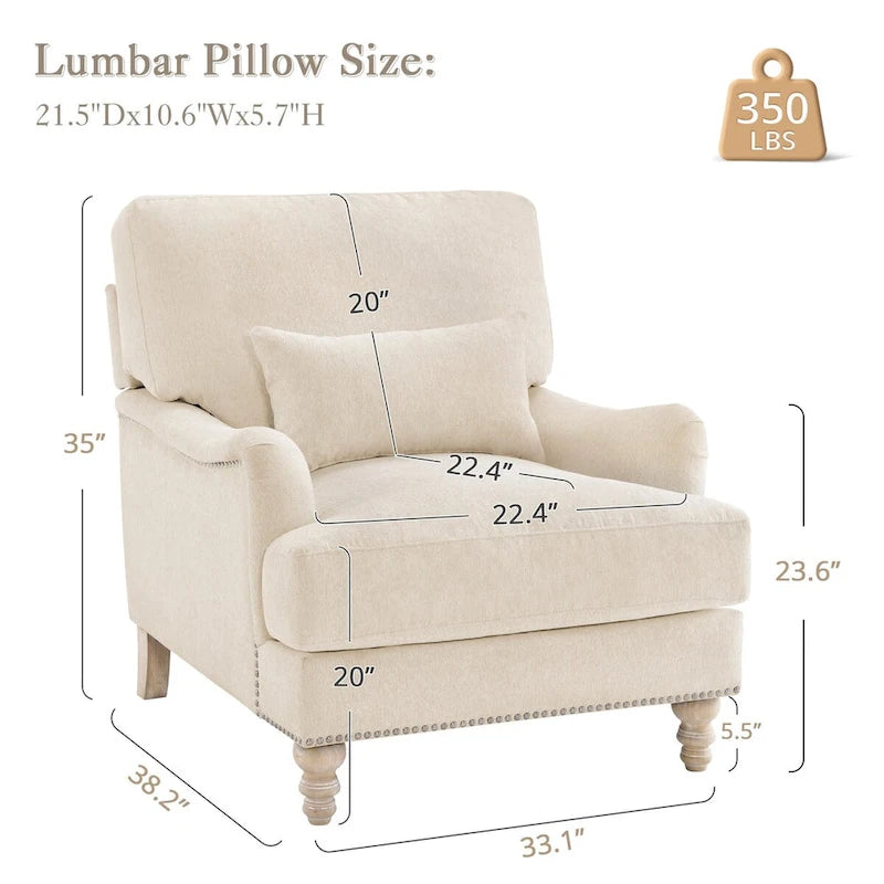 Modern Arm Accent Chair Upholstered with Solid Wood Frame and Lumbar Pillow