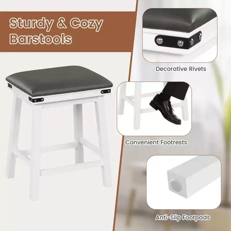 Costway 24'' Dining Bar Stool Set of 2 Counter Height Padded Seat Wood Frame Kitchen Brown/White