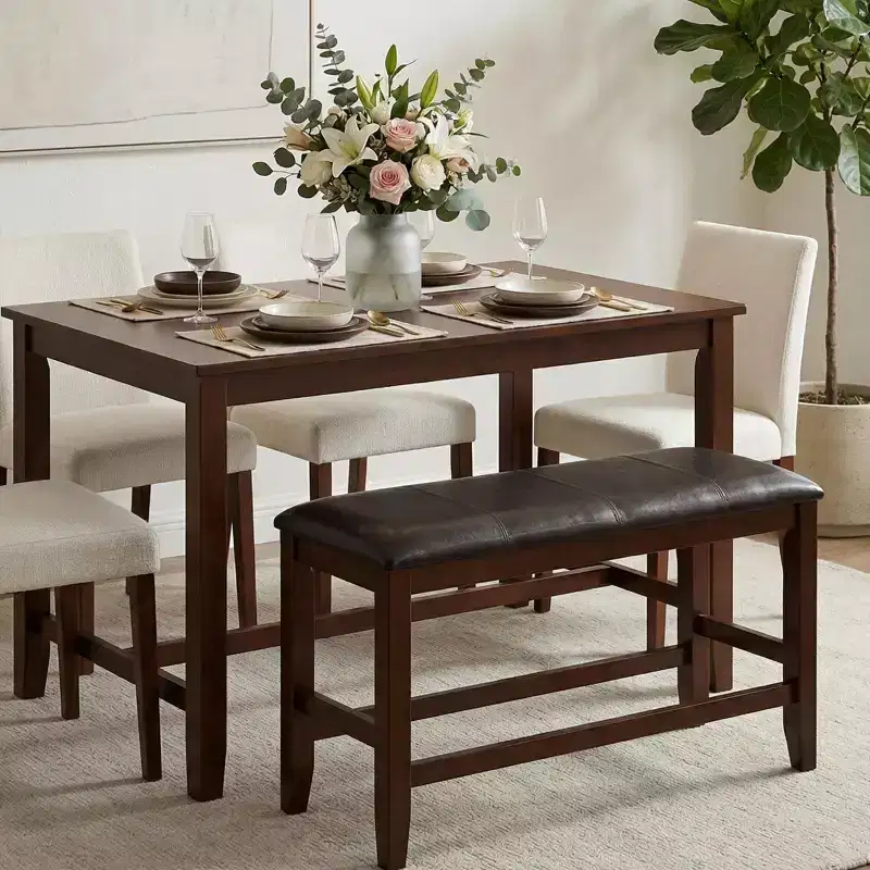 GDFStudio Dawson Farmhouse Wood Counter Height Dining Bench with Faux Leather Upholstered Cushion Seat and Footrest