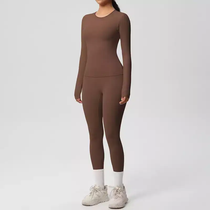 Anna-Kaci Active Women's Long Sleeve Crew Neck Top and High Waist Leggings Set with Slim Fit Design