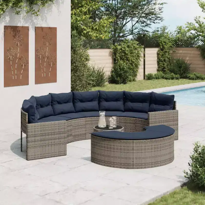 vidaXL Patio Sofa Set - 3 Piece Half-Round Garden Furniture - Durable Gray Poly Rattan Outdoor Seating with Navy Cushions and Tempered Glass Table