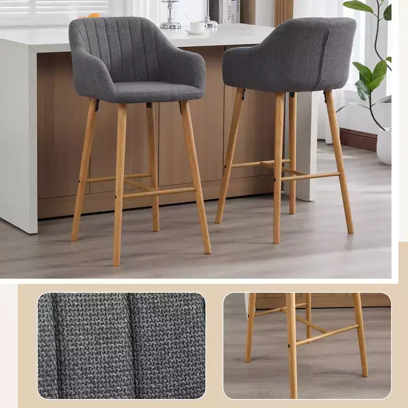 Zeus & Ruta Modern Linen Upholstery Bar Stools Set of 2 with Back, Armrest & Wood Legs, Kitchen Island Height