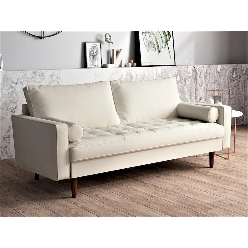 Mid-Century Modern Faux Leather Sofa with Track Arms