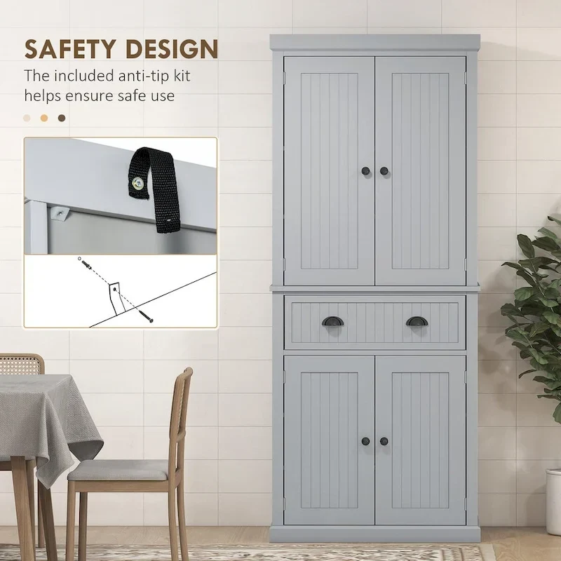 72 Kitchen Pantry Storage Cabinet, Traditional Freestanding Cabinet with 4 Doors and 3 Adjustable Shelves, Large Central Drawer