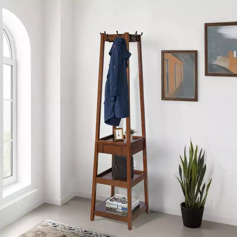 eHemco 70.2 H Wooden Coat Rack Stand with 8 Hooks, 3 Storage Shelves and Drawer, Heavy Duty Hall Tree, Coffee