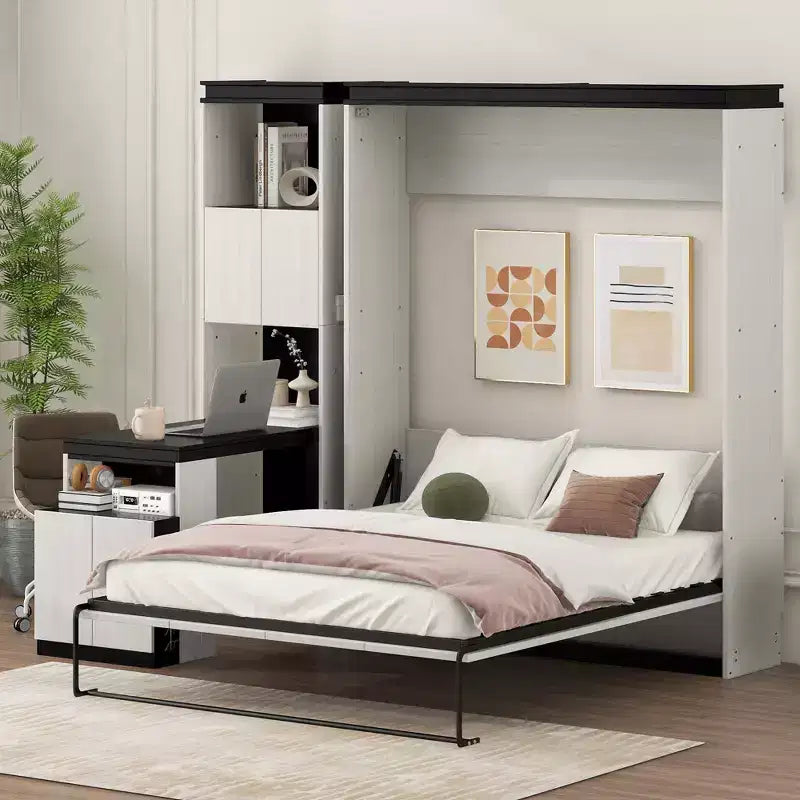 Clihome Full Size Murphy Bed with Desk and Storage Shelves and Cabinets
