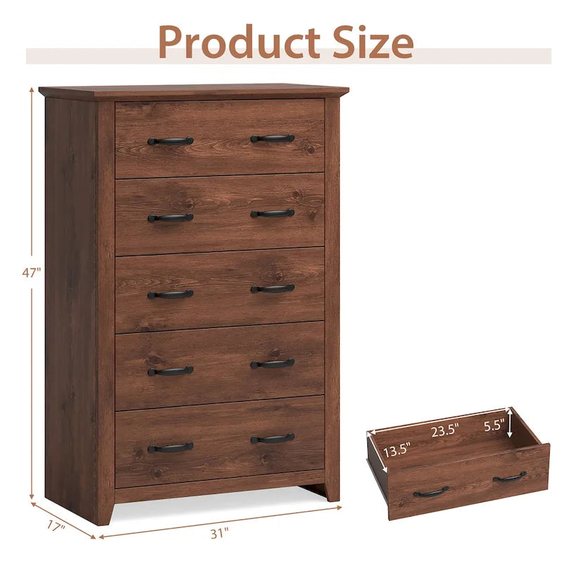 5 Drawer Chest Storage Dresser Tall Cabinet Organizer for Bedroom Hallway