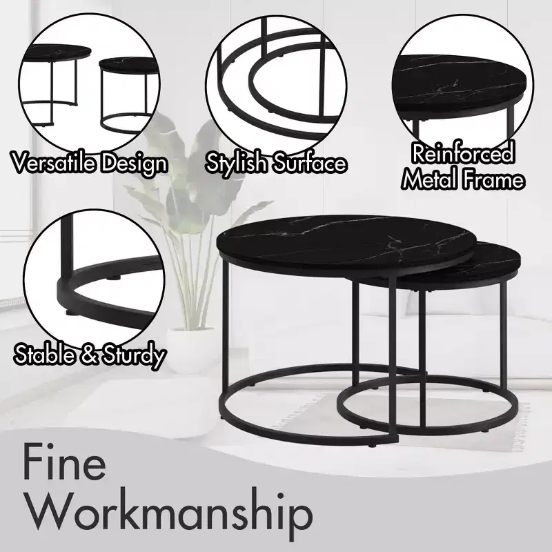 Nesting Coffee Table Set of 2, 27.6inch Round Coffee Table Wood Marble Pattern Top with Sturdy Metal Frame, End Table Side Tables