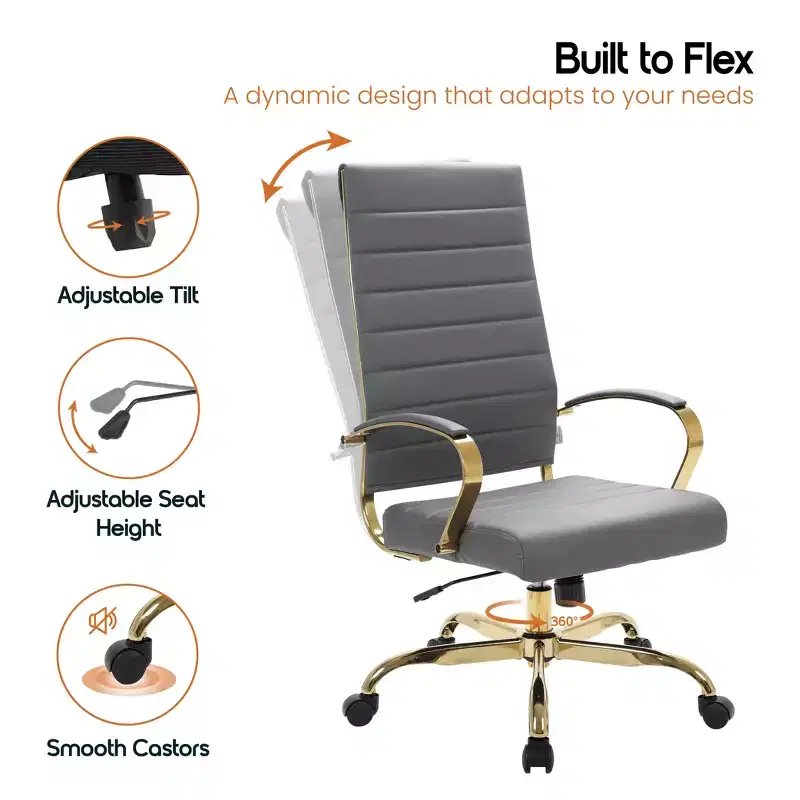 LeisureMod Benmar High-Back Ribbed Leather Office Chair - Modern Swivel & Tilt Executive Desk Chair - Gold Base