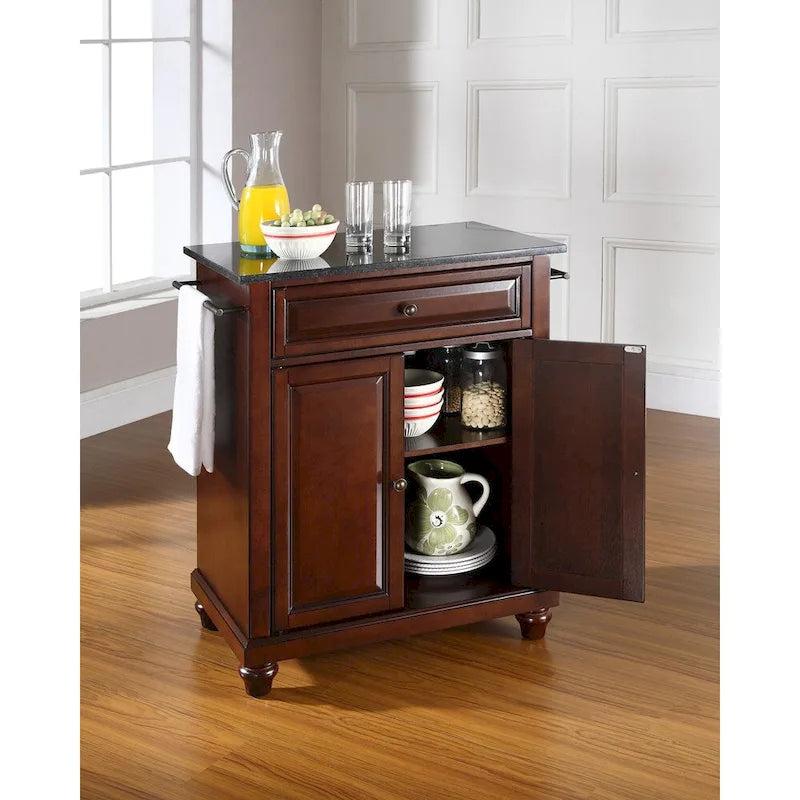 Brown Portable Kitchen Island with Solid Granite Top Raised Panel Doors and Drawer