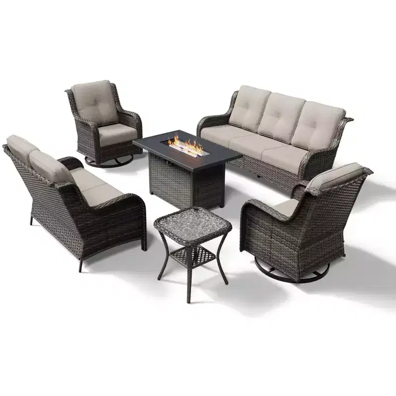 UPTIOT Premium 7-Piece Outdoor Set with 2-in-1 Fire Pit Table, 3-Seater Sofa, 2 Swivel Chairs & Loveseate