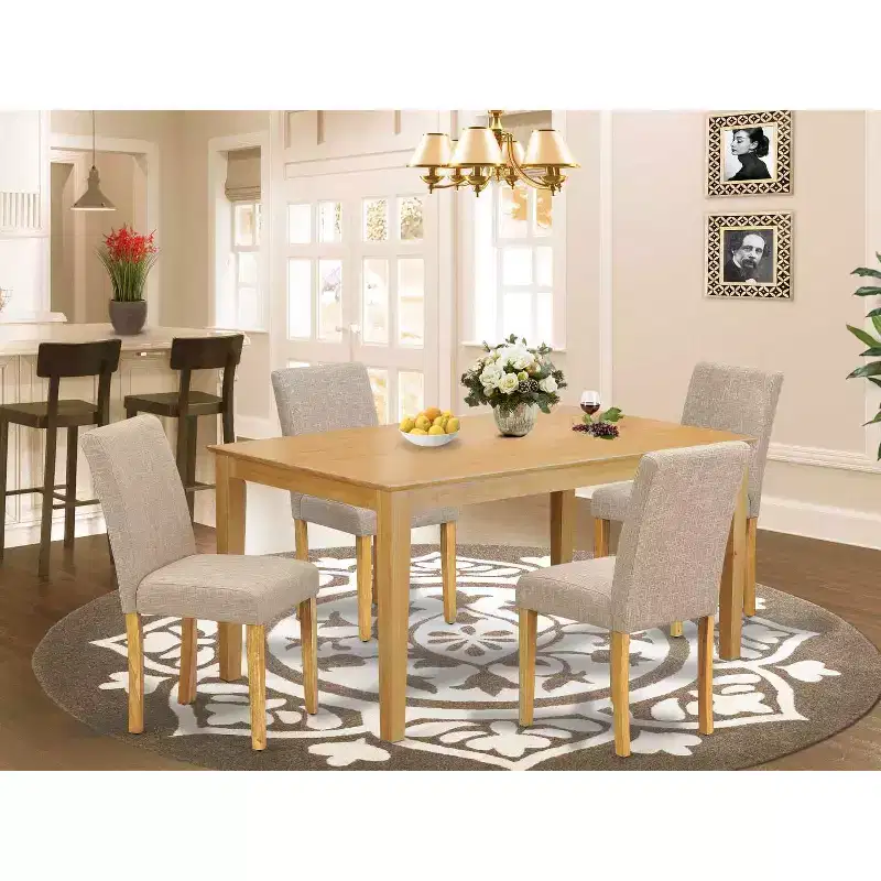 Rectangle Dining Set 5Pc Table & Chair Set - Linen Fabric, Oak Legs, Light Fawn - HomeStock