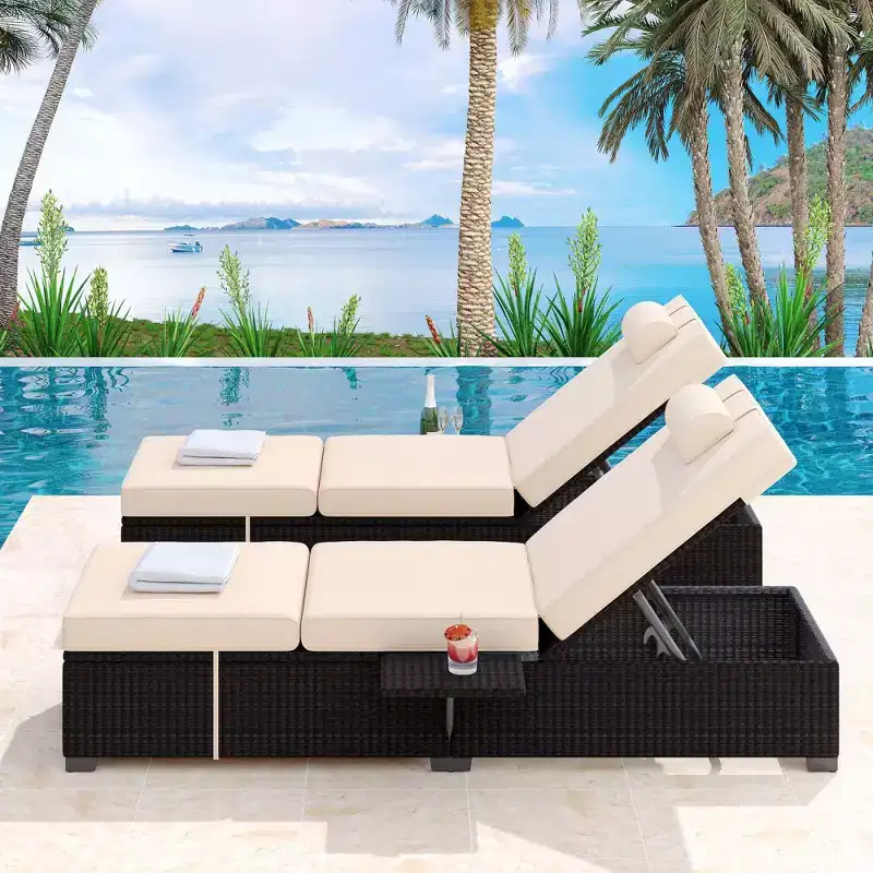 Patio Chaise Lounge Chair, 5-Positions Adjustable Wicker Outdoor Lounge Chairs with Side Table for Poolside, Deck