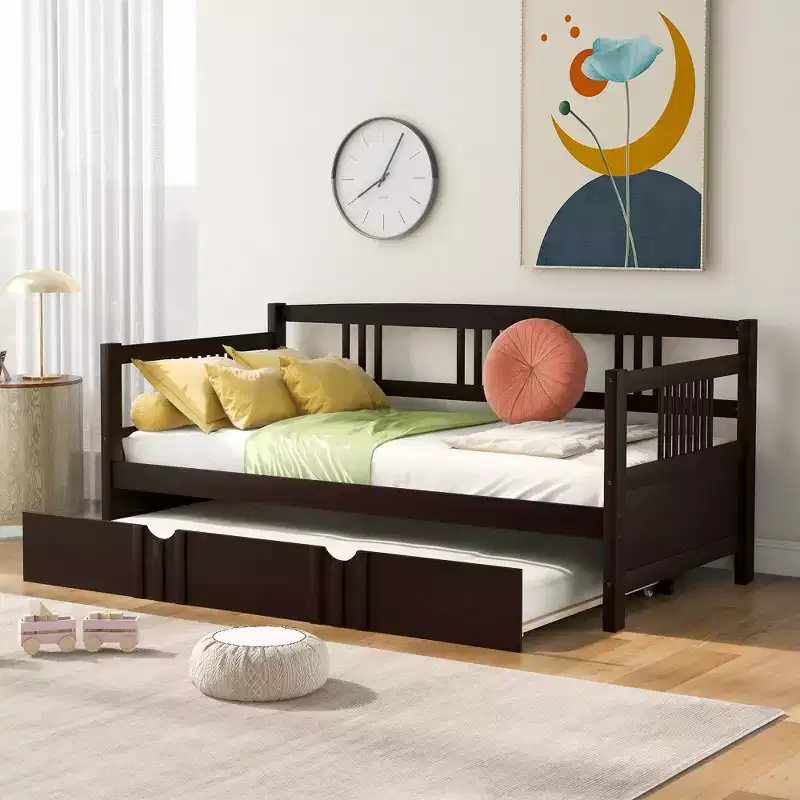 Twin/Full Size Daybed, Wooden Platform Bed Frame with Twin Size Trundle/ Two Drawers