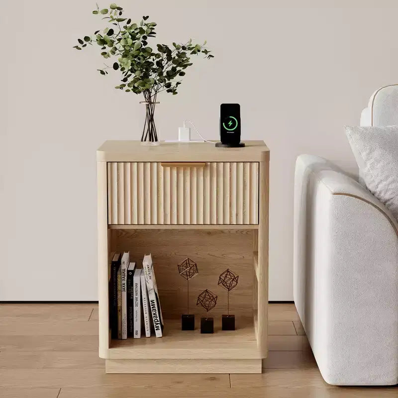 Fluted Nightstand with Charging Station and Drawers