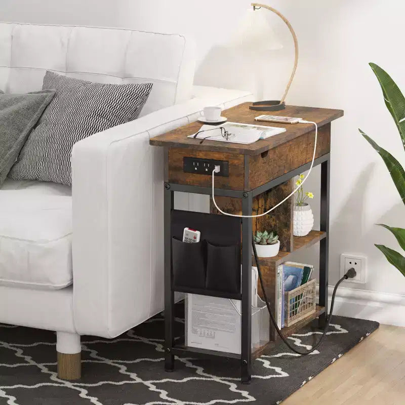 End Table, Flip Top Side Table, 3 Tier Small Couch Table, Bedside Table with Shelves Storage Bag, for Living Room Bedroom, Brown