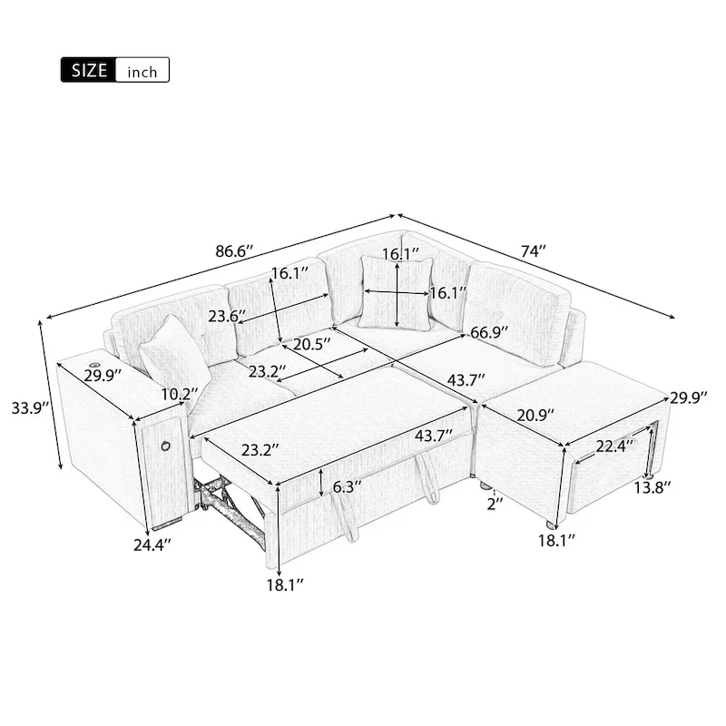 L-Shaped 4-Seat Sectional Sofa with Pull-Out Bed, Ottoman, USB Ports & Drop-Down Table