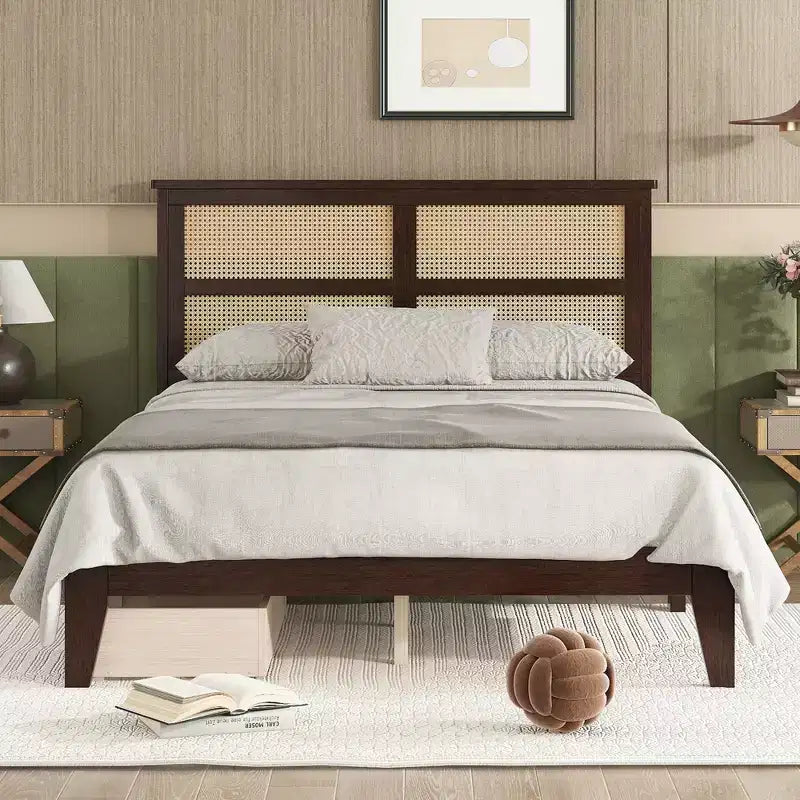 Full/Queen/King Size Platform Bed with Rattan Headboard, Wood Farmhouse Rattan Bed for Bedroom