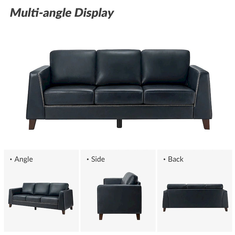 81.5 Inch Genuine Leather Tuxedo Arm Sofa with Solid Wood Legs