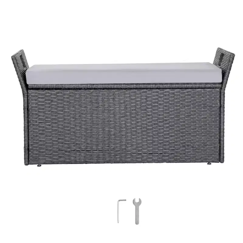 VEVOR Outdoor Storage Bench, 2-Person PE Rattan Storage Bench, 40 Gal Deck Box with Cushion & Side Handle, Supports up to 400 lbs, Grey