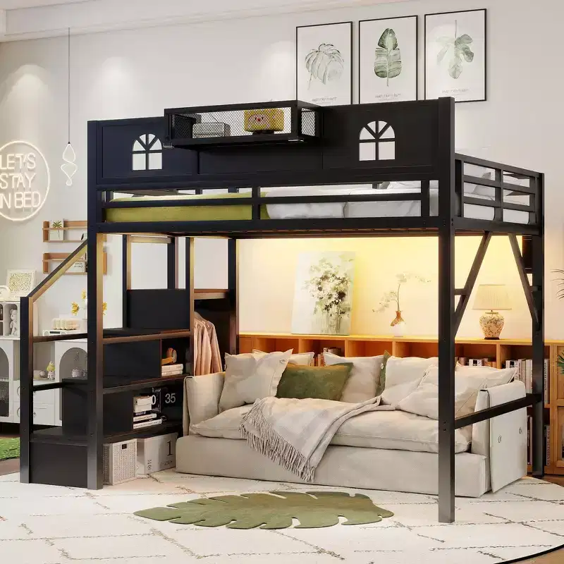Metal Full Size Loft Bed with Stairs, High and House Shaped Guardrails & Wardrobe for Kids Teens