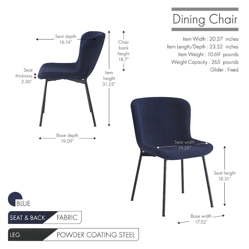 Fabric Upholstered Armless Dining Chairs with Powder-Coated Steel Legs, Set of 2