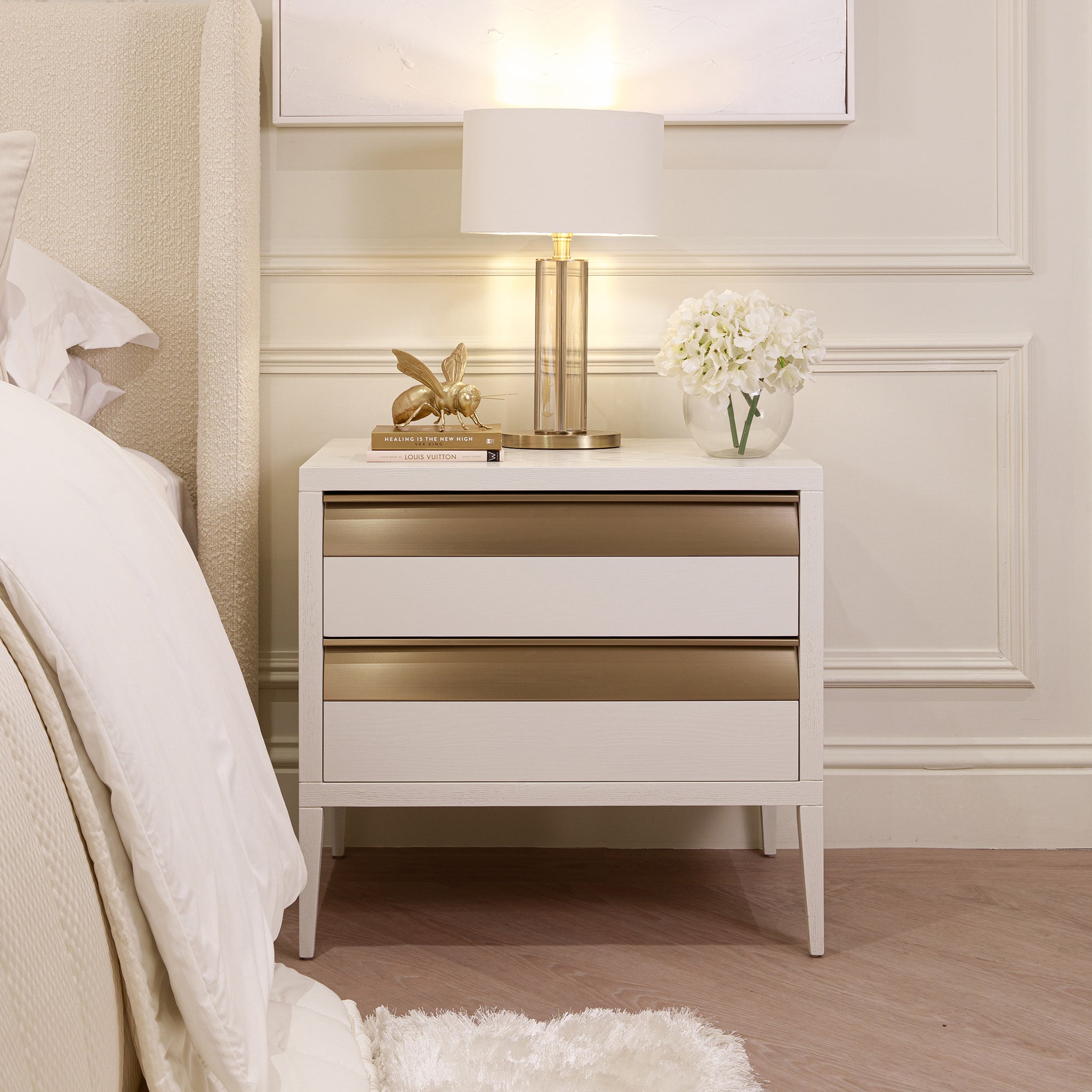 White & Bronze Large Bedside Table
