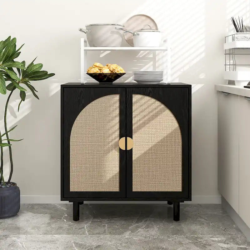 2-Door Wood Storage Cabinet with Rattan Doors and Adjustable Shelves for Bedroom and Living Room