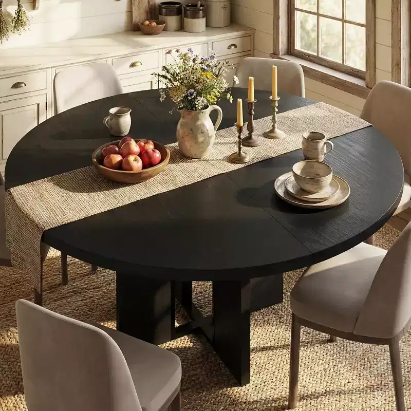 47-63 Extendable Round Dining Table for 4-8, Farmhouse Wood Expandable Kitchen Table with Metal Frame, Oval Space Saving for Apartment, Retro Gray