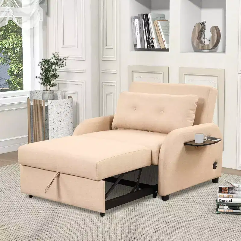 Pull-Out Sofa Sleeper 3-in-1 with Charging Station for Living Room or Recreation Room - Beige