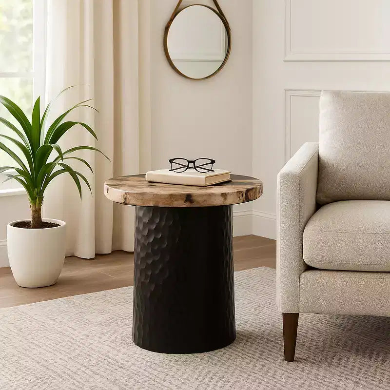 Rustic End Table, Side Table, or Night Stand for Home Decor - Metal Bedside Table with Hammered Cylinder Base and Wood Top - 18 Brown & Black