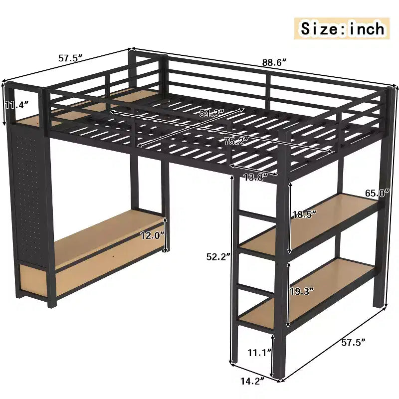 Bellemave Loft Bed with Wardrobe and Pegboard,Metal Loft Bed Frame with Storage Shelves and Guardrails for Kids,Teens and Adults,Black