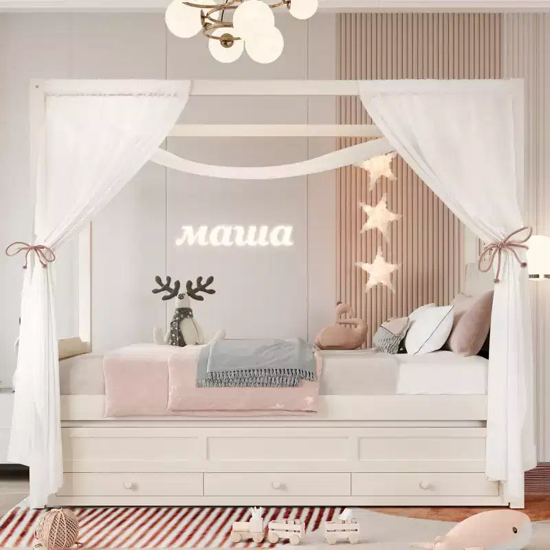Twin/Full Size Platform Bed with Trundle, Princess Wood Canopy Bed with 3 Drawers, Storage Bed with Upholstered Headboard for Bedroom