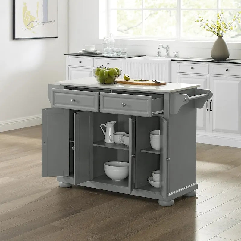 Grey Portable Kitchen Island with White Granite Top 2 Drawers 4-Door Cabinet and Spice Rack