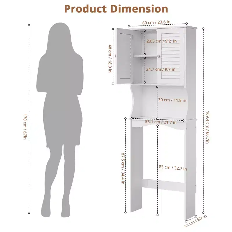 Over-The-Toilet Storage Cabinet with Adjustable Shelves, Ventilated Bathroom Organizer with Wall Mount Bracket